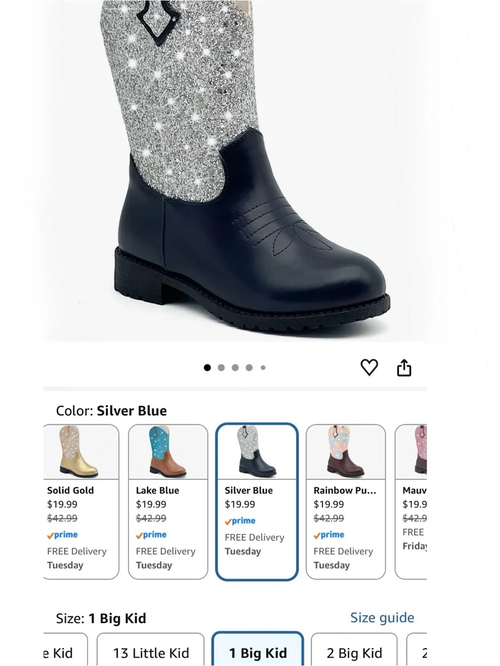 Girls Sparkle Cowgirl Boots | Silver and Navy | Big Kids Size 1 | NWT
